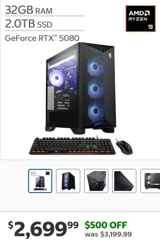 MSI highend gaming desktop (Ryzen 9 9900X / RTX 5080 / 32GB / 2TB) - $2,699.99